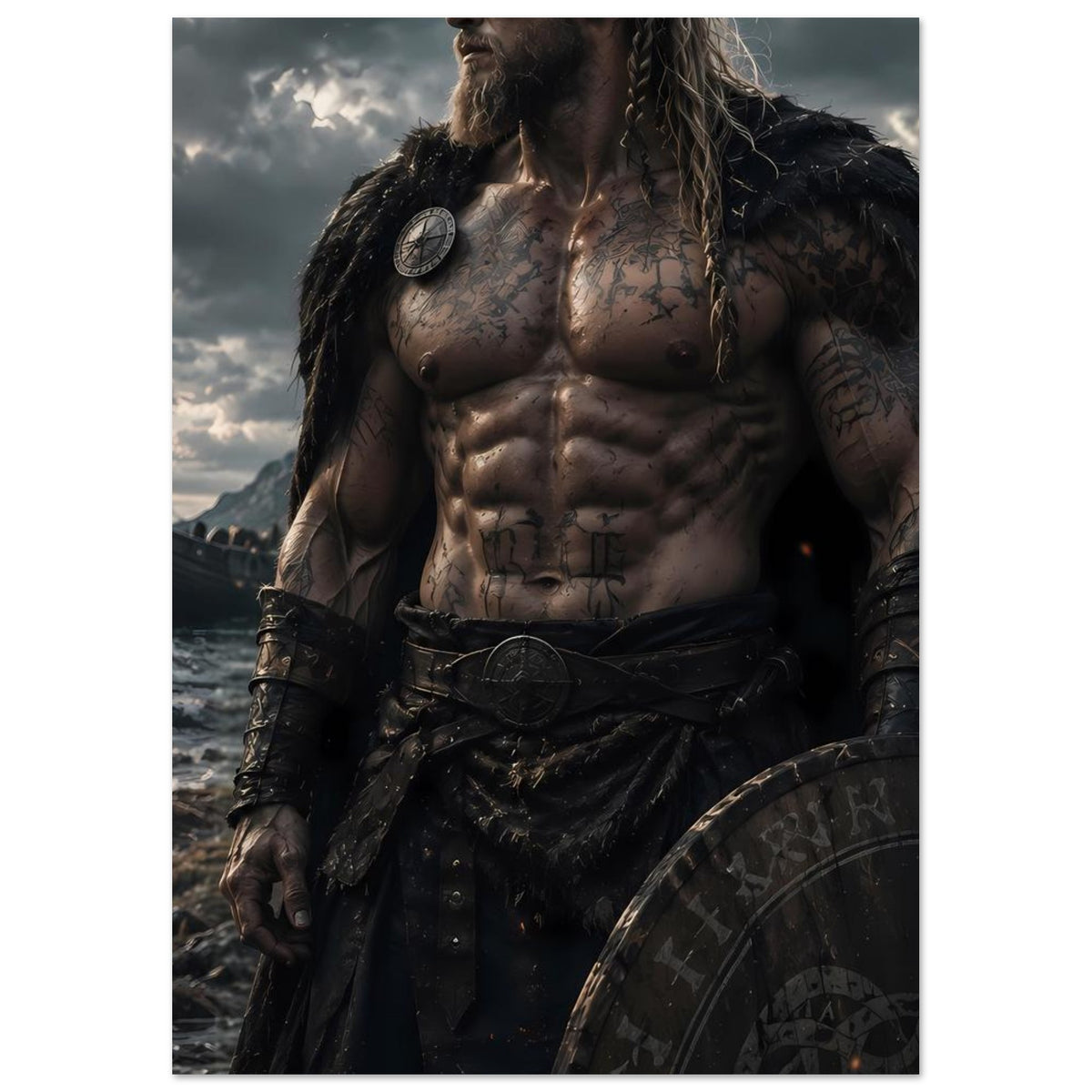 Fantasy-Wikingerkrieger-Poster mit Schildvorderseite: tattoos am Oberkörper, Fellmantel, dunkler Gürtel