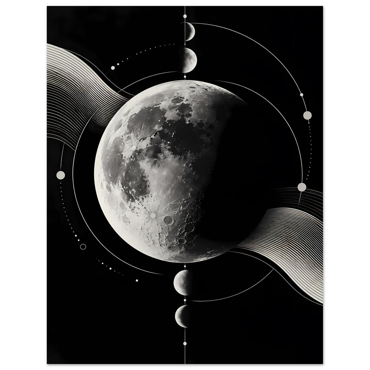 Poster mit Mondphasen: großer silbergrauer Mond mit Flecken, Koppelungen aus Kreisen und Punkten