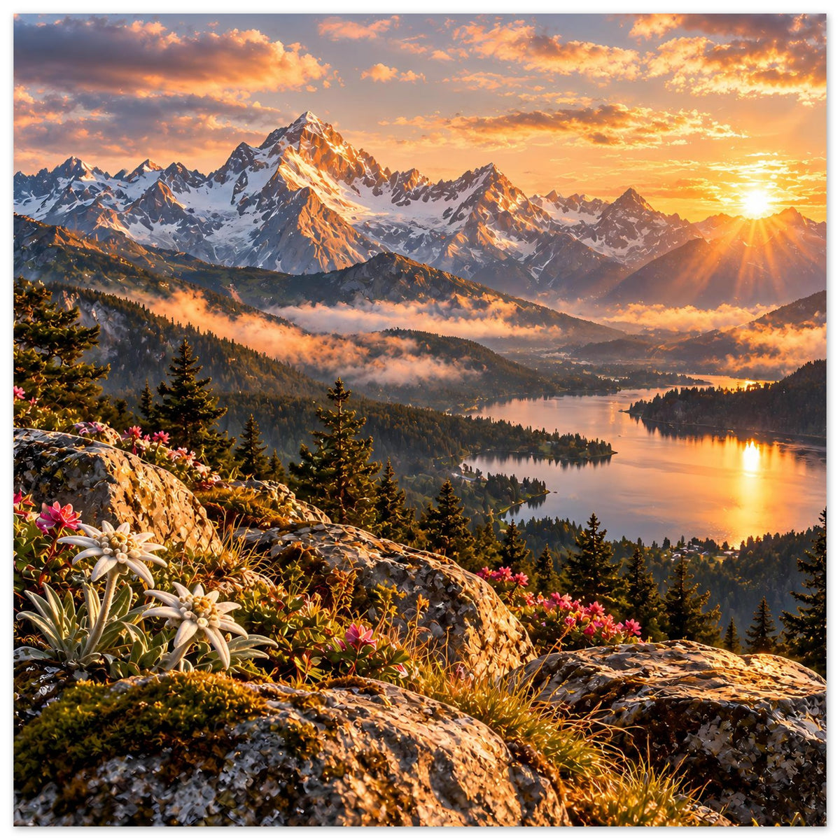 Hochformat-Landschaftsposter mit Felsvorsprung, blühenden Sträuchern, See und Sonnenaufgang