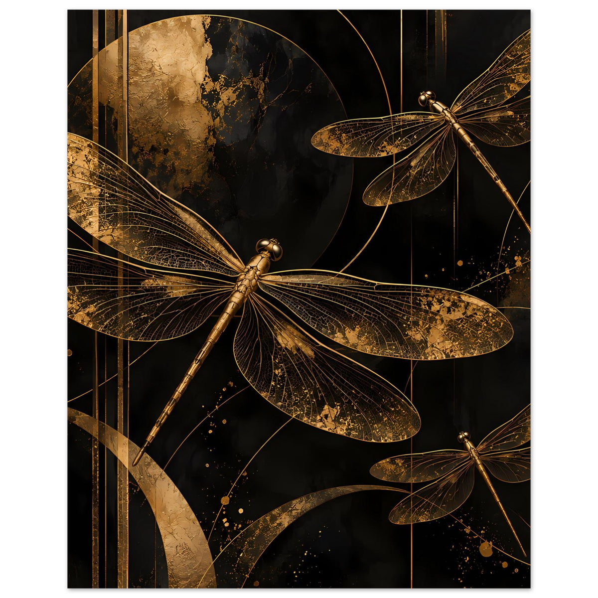 Poster mit mehreren goldenen Libellen, feine Linienzeichnung und dunkle Farbflächen im Motiv