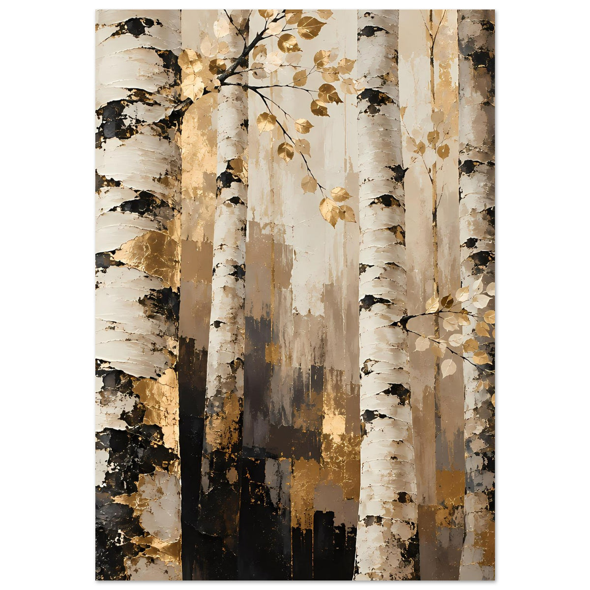 Naturposter: hohe Birkenstämme in Beige, Gold und Dunkel, mit feinen Blattzweigen rechts.