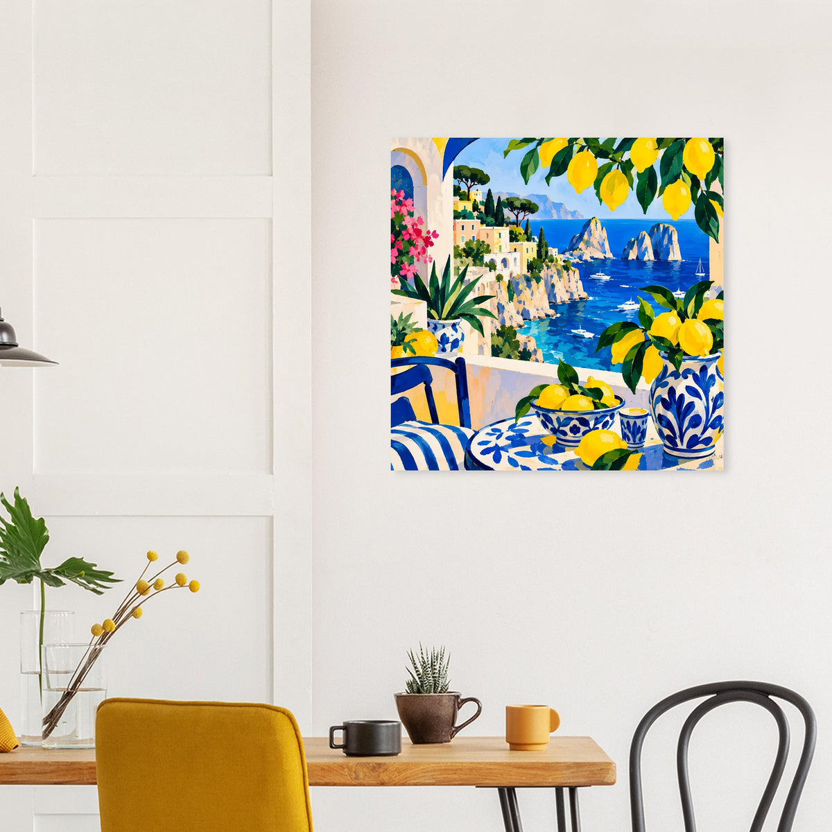Gerahmtes Poster mit mediterraner Aussicht, gelbe Zitronen, blaues Meer und Tischmotiv