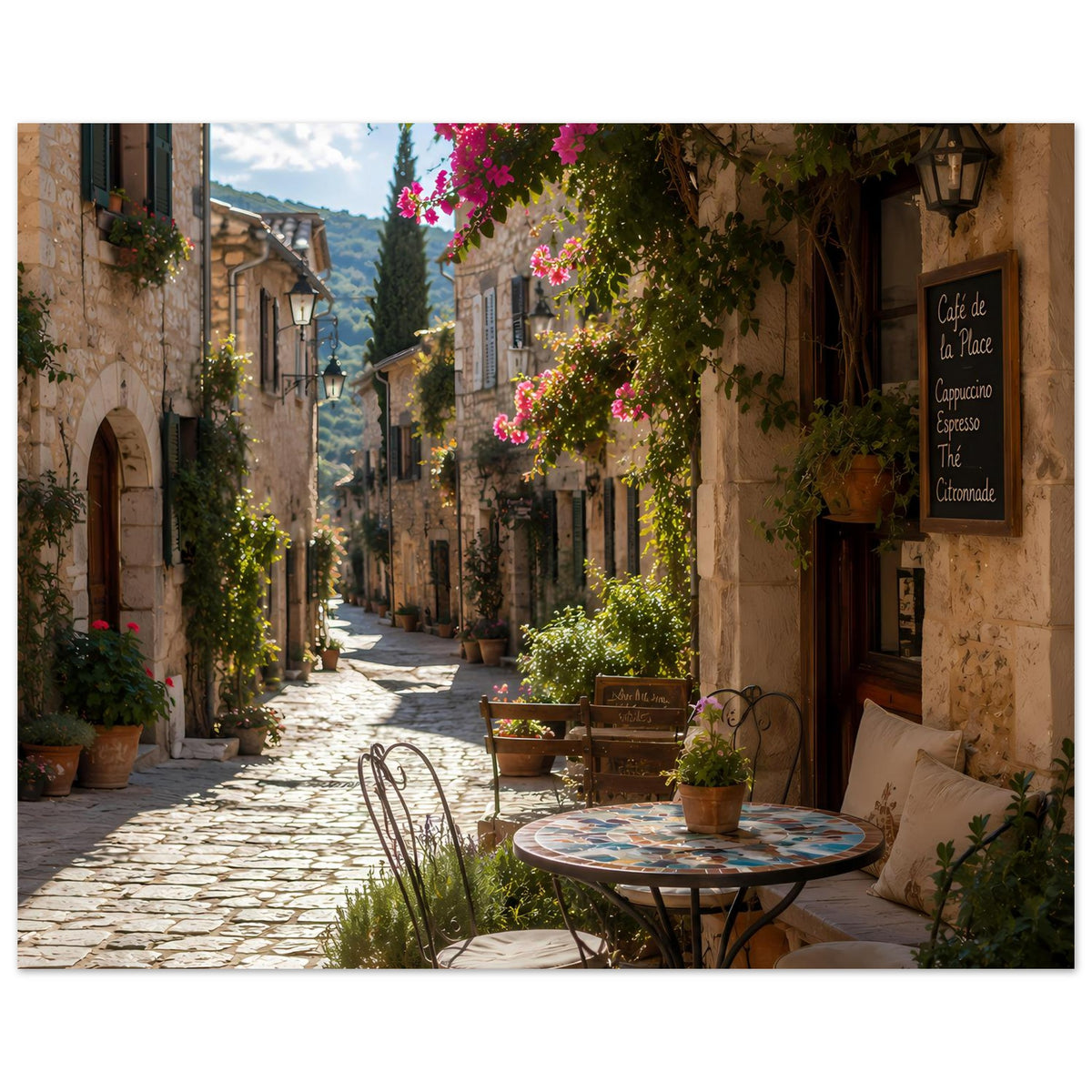 Poster einer sonnigen Café-Gasse mit Kopfsteinpflaster, Häusern und Blumen