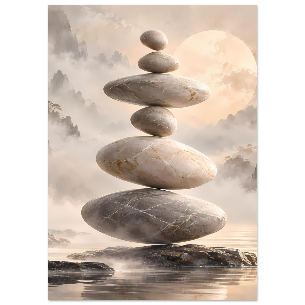 Zen-Steine in Balance vor nebligem Hintergrund in sanften Beige- und Grautönen – Posteransicht 43