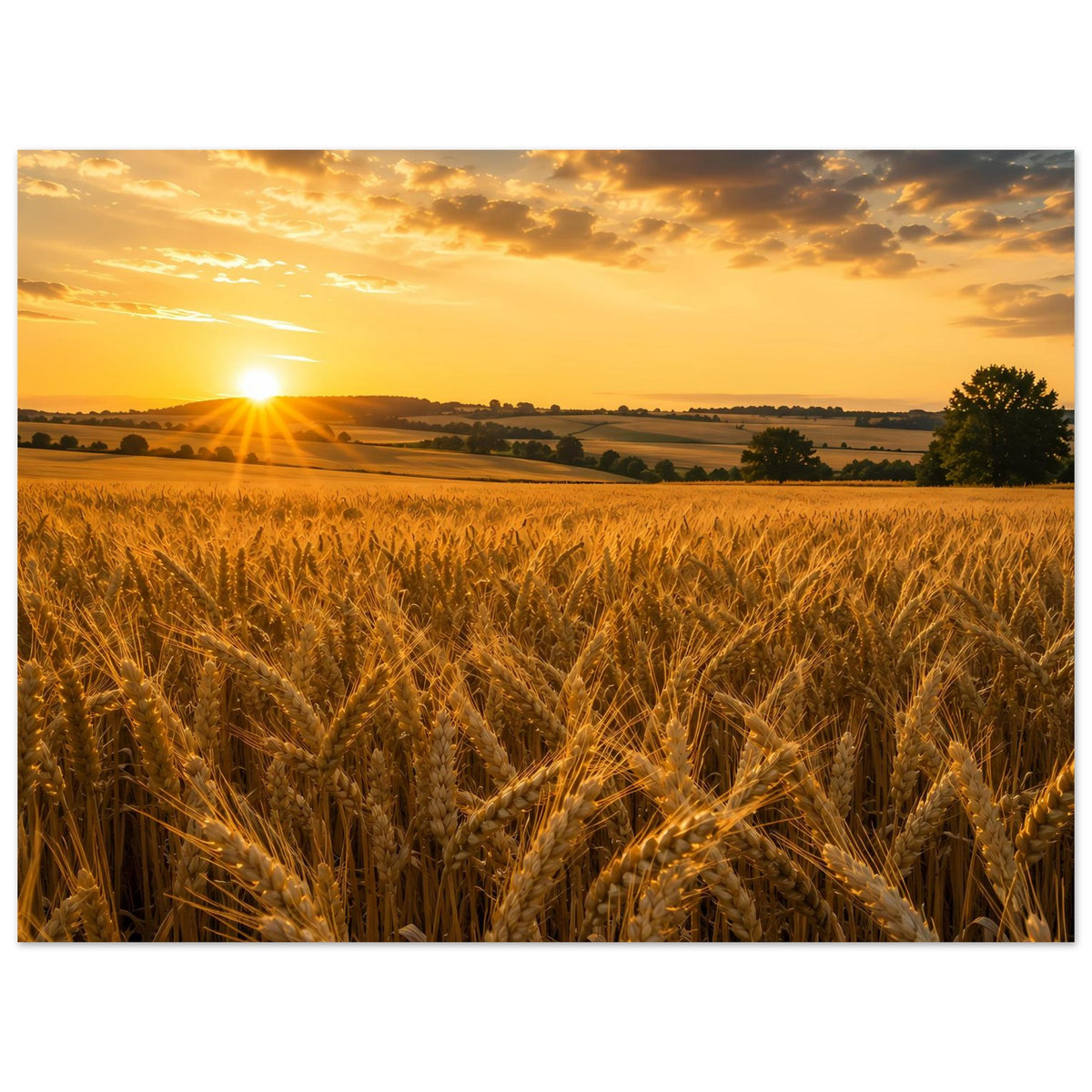 Poster im Querformat mit goldener Getreidefläche, Sonne am Horizont und Hügeln