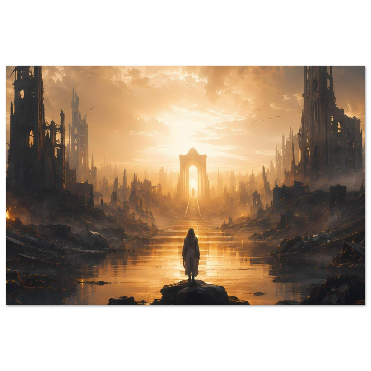 Poster mit Flusslandschaft und Ruinenkulisse; Figur in der Mitte vor strahlendem Tor