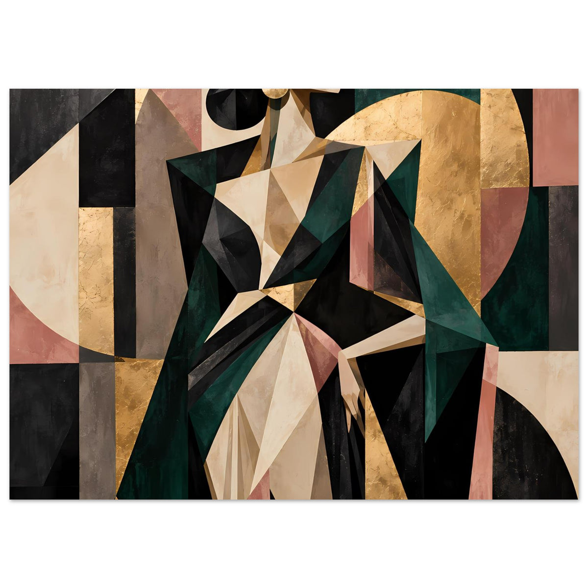Abstraktes Poster im Querformat mit geometrischer Frauenfigur in Olivgrün und Gold