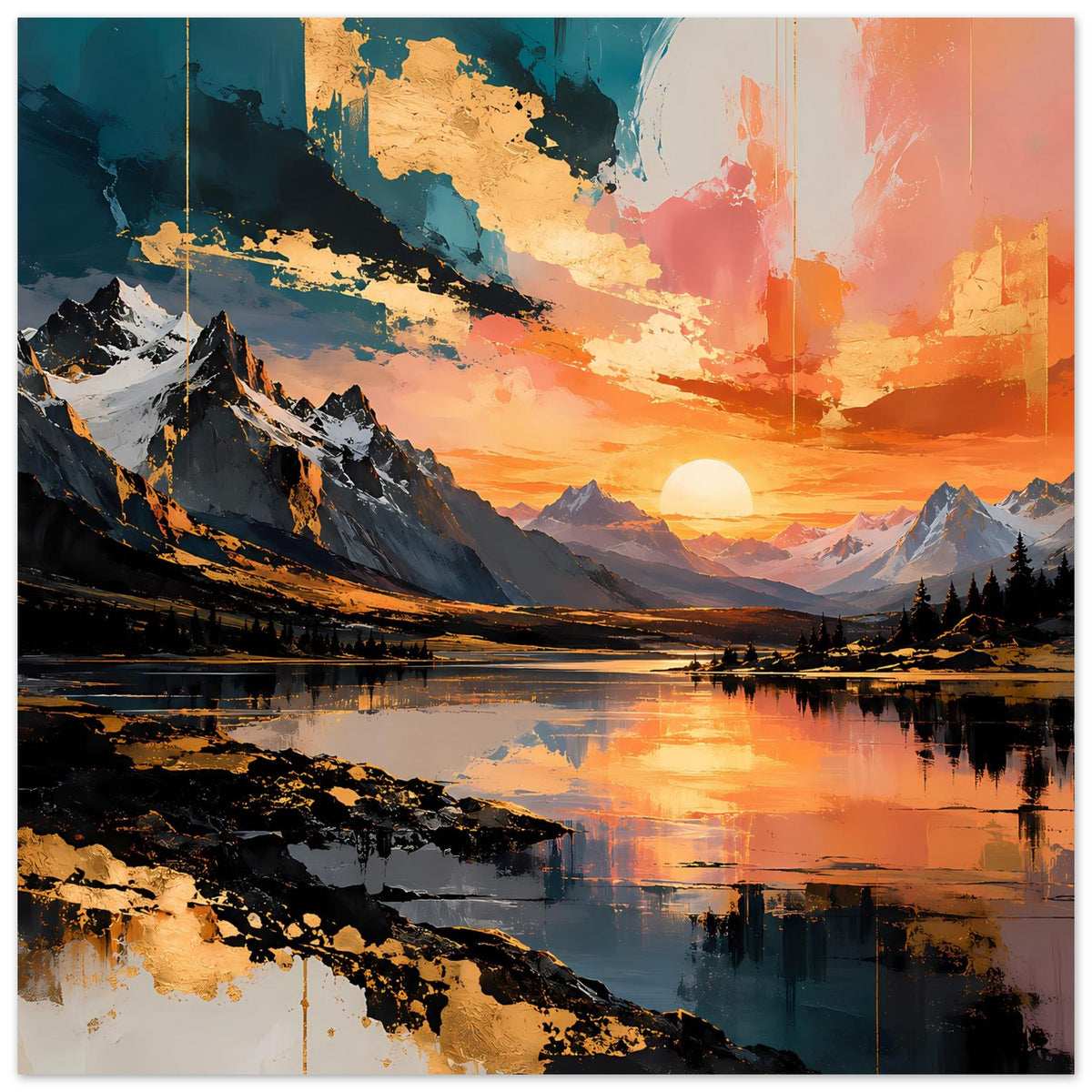 Poster mit Berglandschaft, See und Sonnenuntergang, leuchtende Orange- und Blautöne, Sonnenreflexion