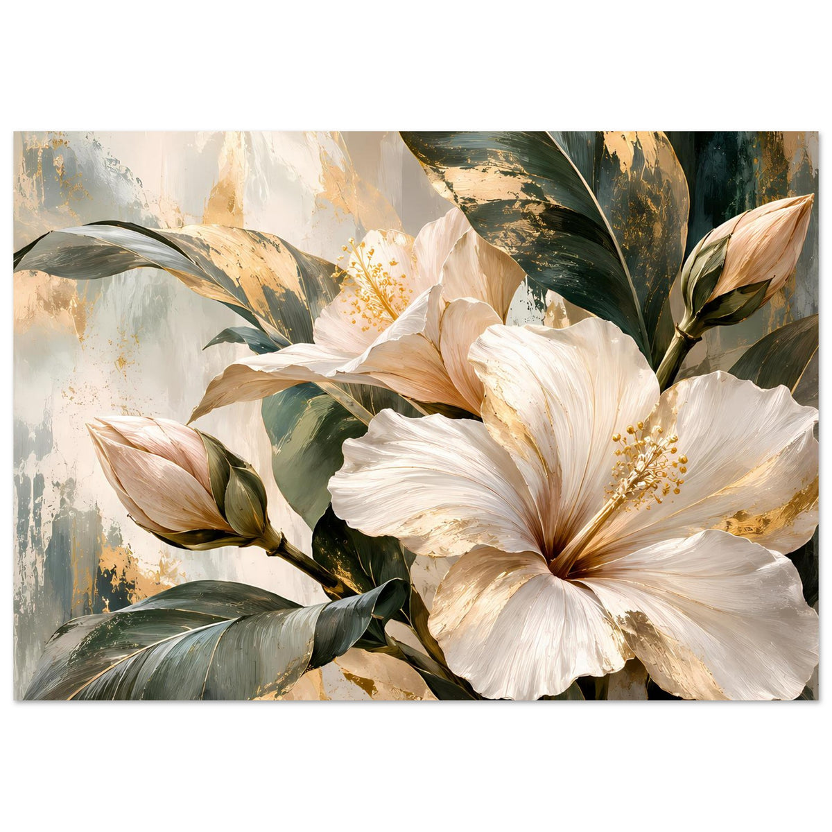 Blumenposter, querformatig: weiße Blüten mit goldenen Details und dunklen grünen Blättern