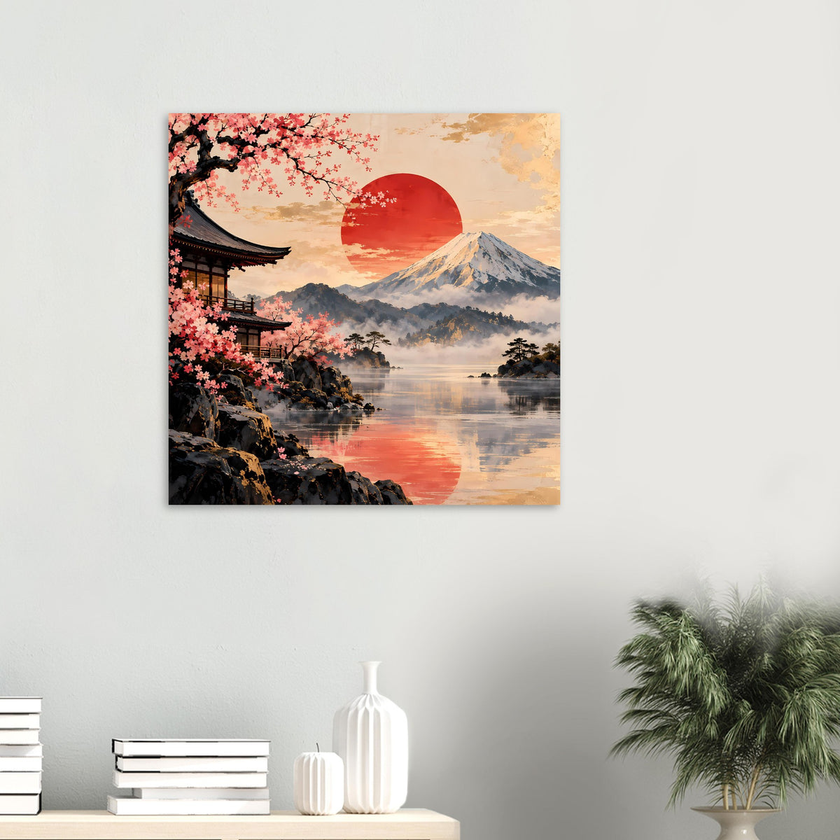 Zen-Serenity-Poster, kleiner Ausschnitt: Pagode, Kirschblüten, Fuji und Spiegelung der Abendsonne