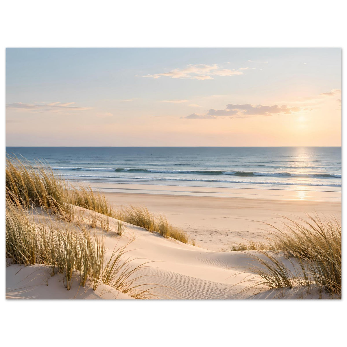 Poster mit Stranddünen und Sonnenuntergang über ruhigem Meer (Querformat)