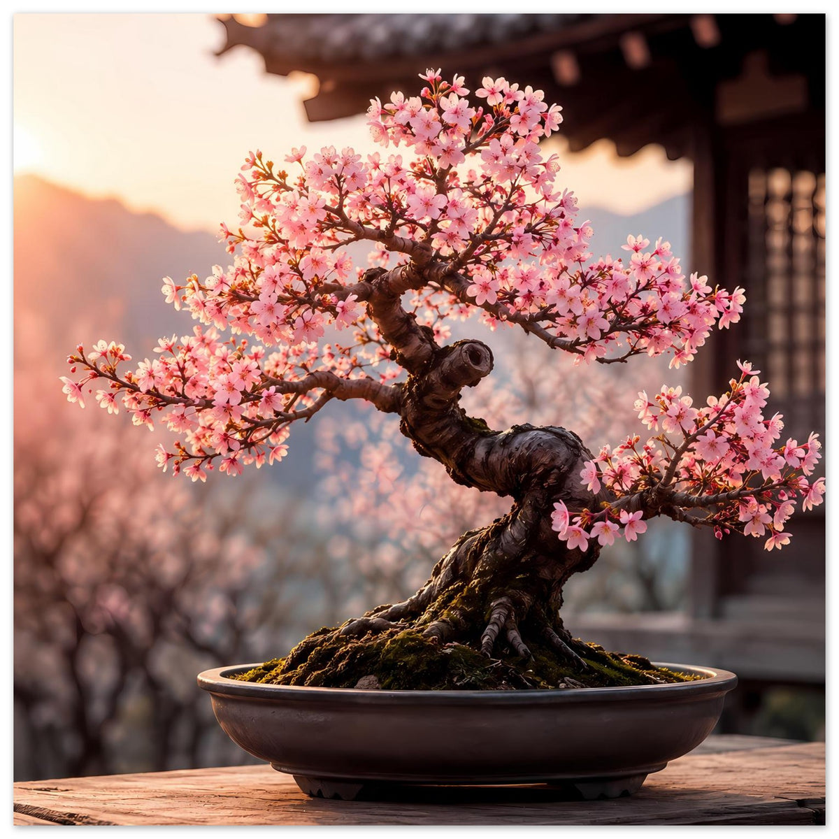 Poster mit Bonsai-Ast und rosa Blüten über runder Schale