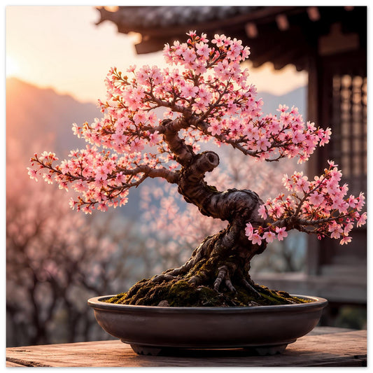 Poster mit Bonsai-Ast und rosa Blüten über runder Schale