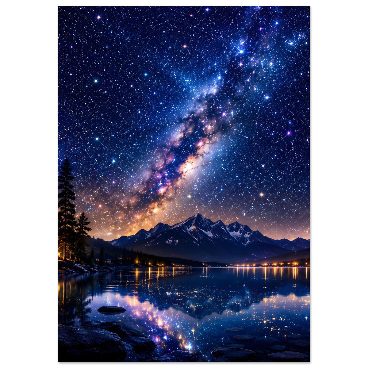 Poster zeigt Milchstraßenband über Berggipfeln und Reflexion im ruhigen See