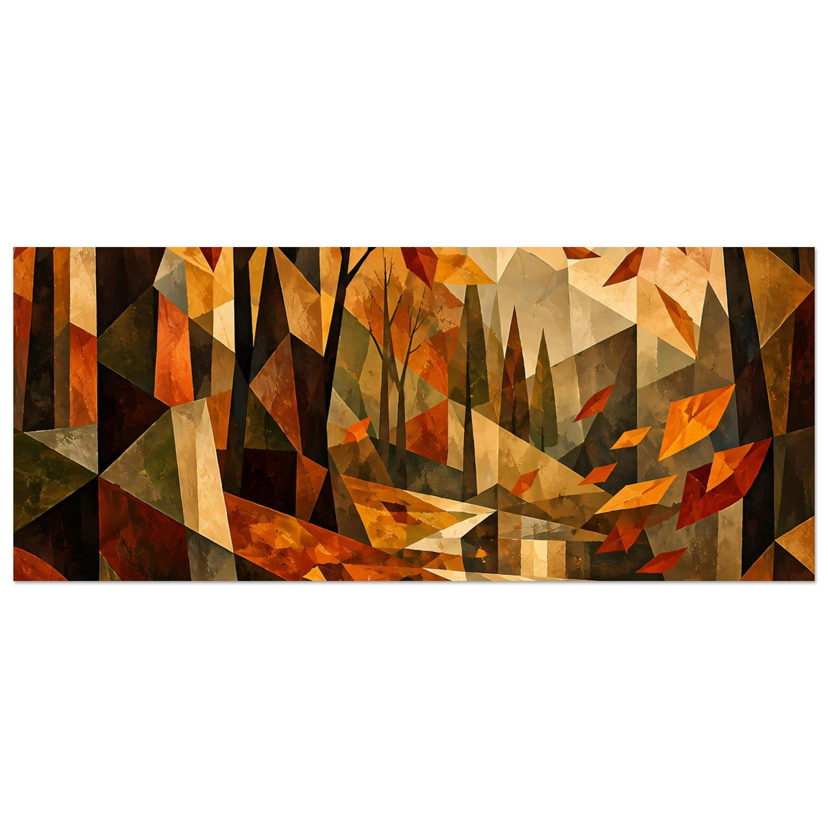 Kubistisches Herbstlandschafts-Poster (Querformat) mit stilisierten Bäumen und orangefarbenen Dreiecken