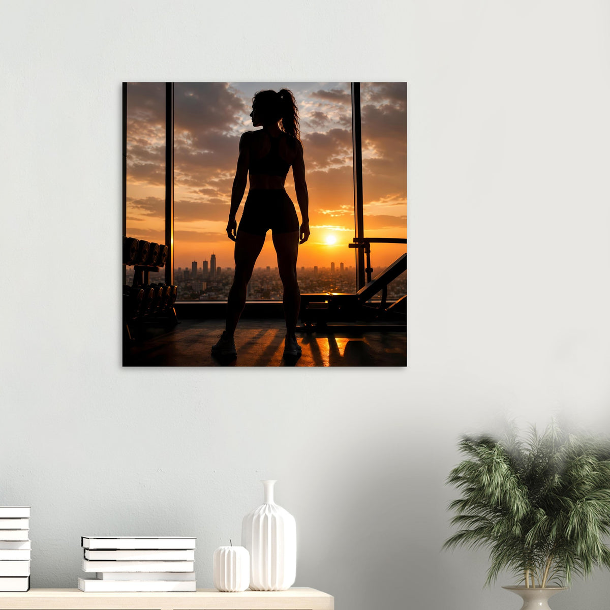 Kleines Fitness-Poster im Querformat: schwarze Sportler-Silhouette vor goldener Abendsonne