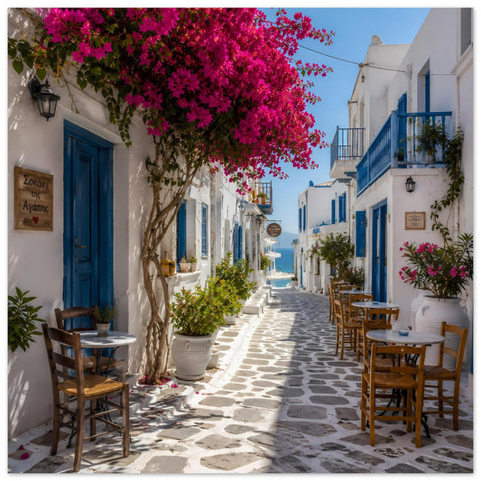 Poster einer mediterranen Straße mit pinken Bougainvillea, weißen Wänden und blauen Türen