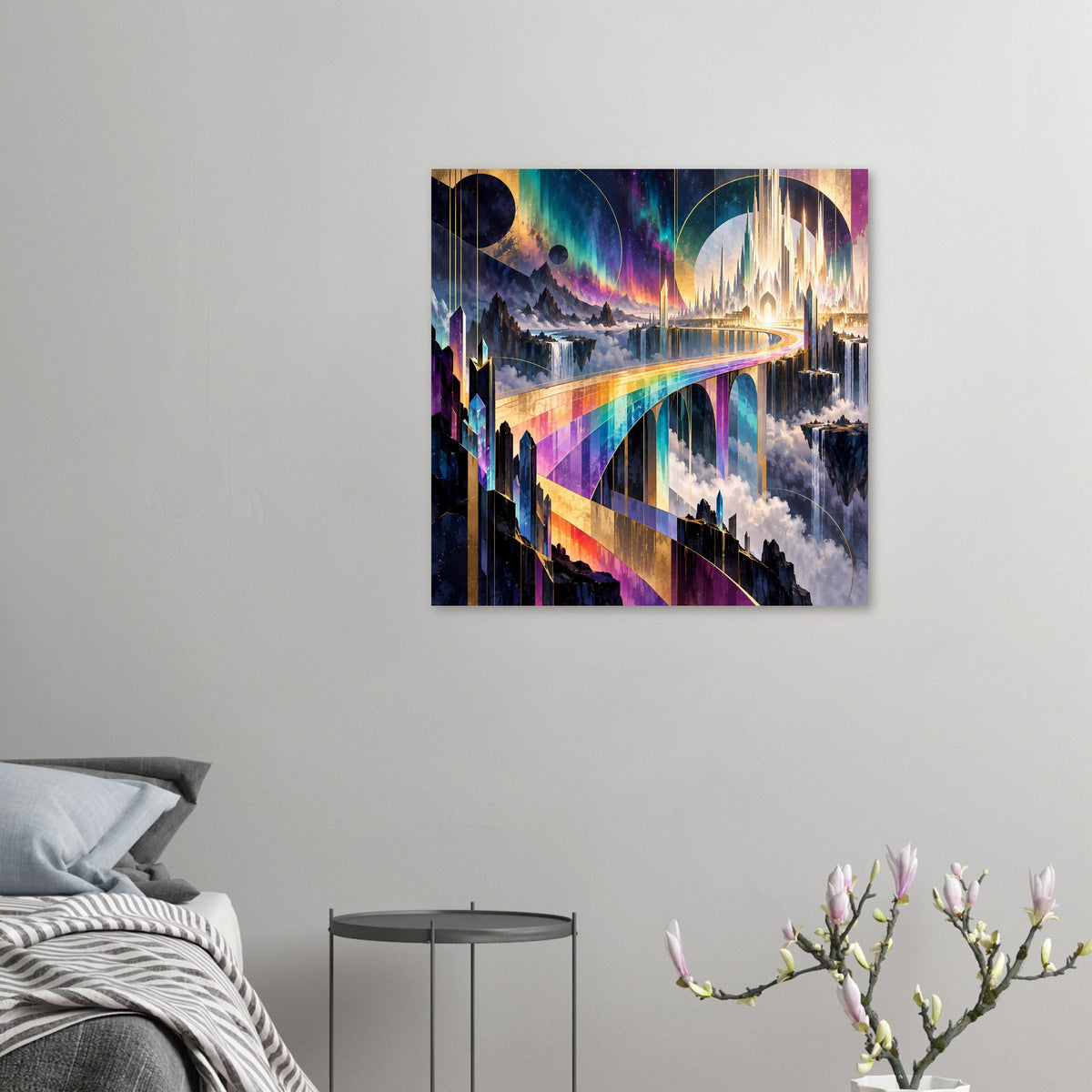 Kleines Quadrat-Poster mit Regenbogenbrücke, farbigen Bögen und leuchtender Skyline