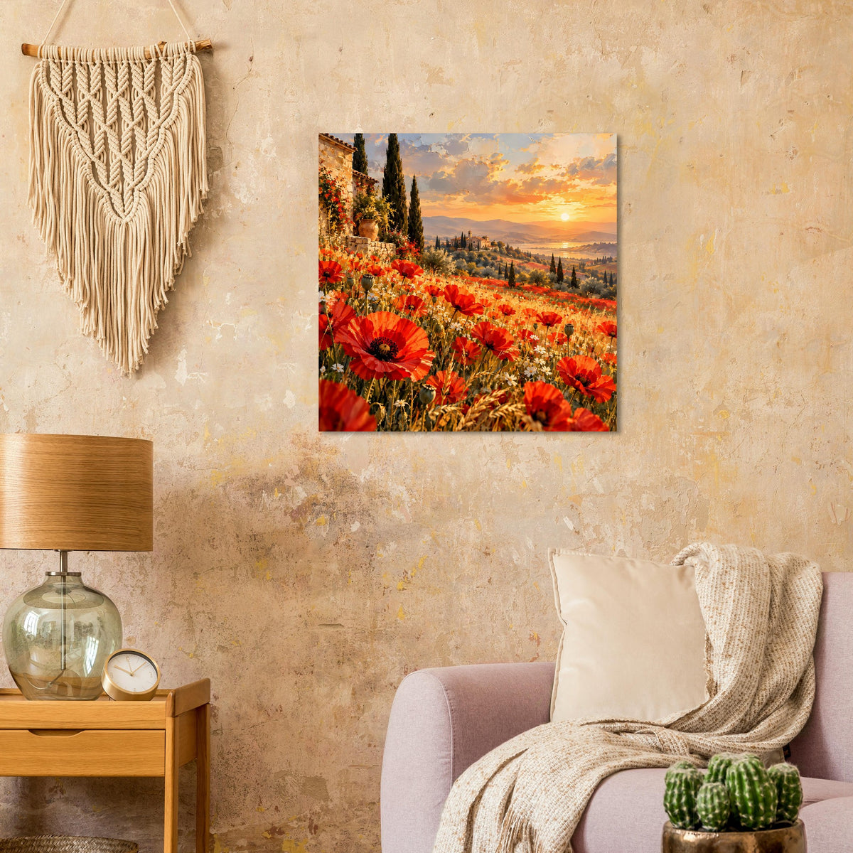 Poster mit rotem Mohnblumenfeld, Talblick und warmem Sonnenuntergang.