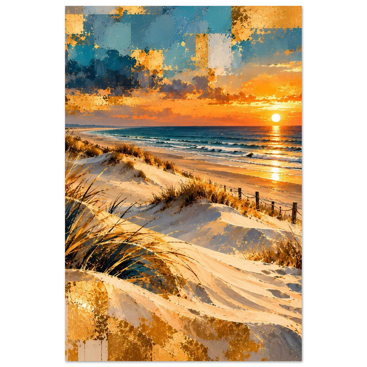 Vertikales Strandposter mit Sanddünen, Meereslinie und untergehender Sonne in warmen Farben