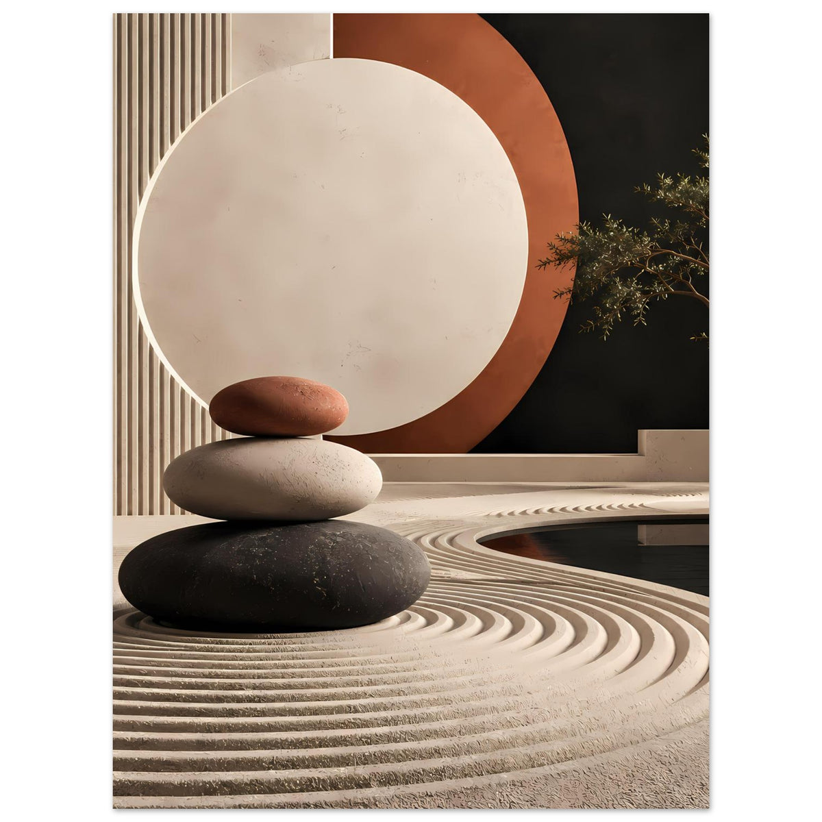 Kunstposter mit Zen-Steinen, Wellenmuster-Untergrund und großer Kreisfläche in Creme.