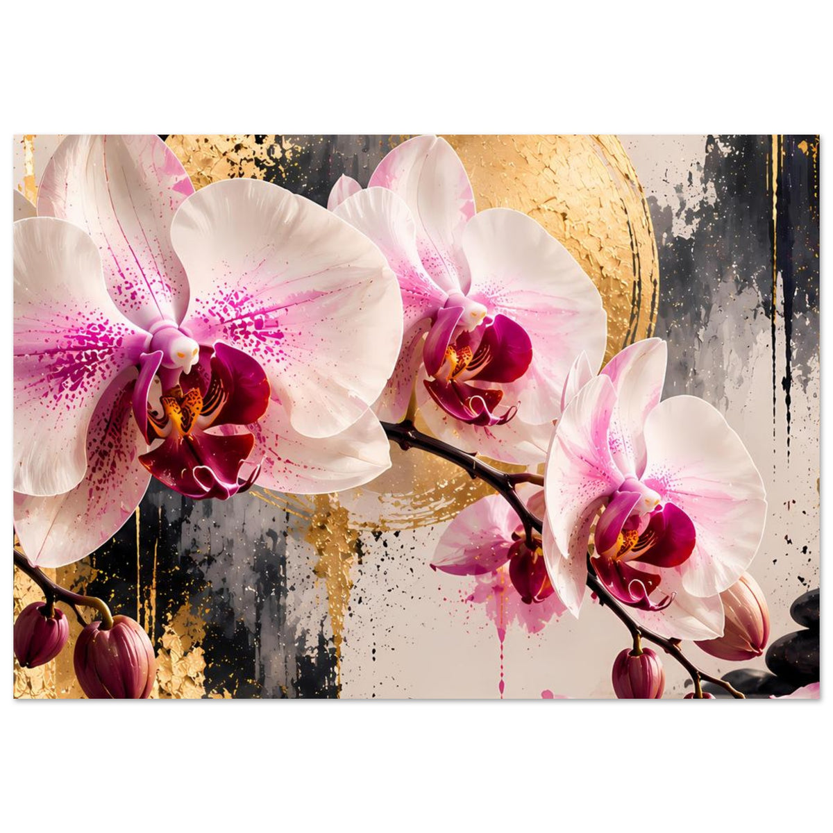 Orchideen-Poster, Querformat: weiße Orchideenblüten auf Ast, goldener Akzent im Hintergrund