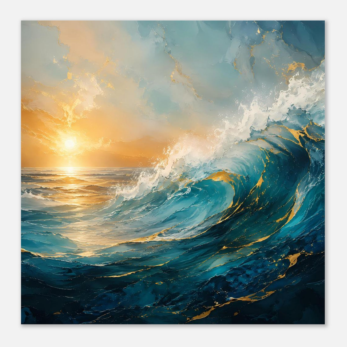 Quadratisches Poster mit Ozeanwellen bei Sonnenuntergang, türkisblau und goldgelb