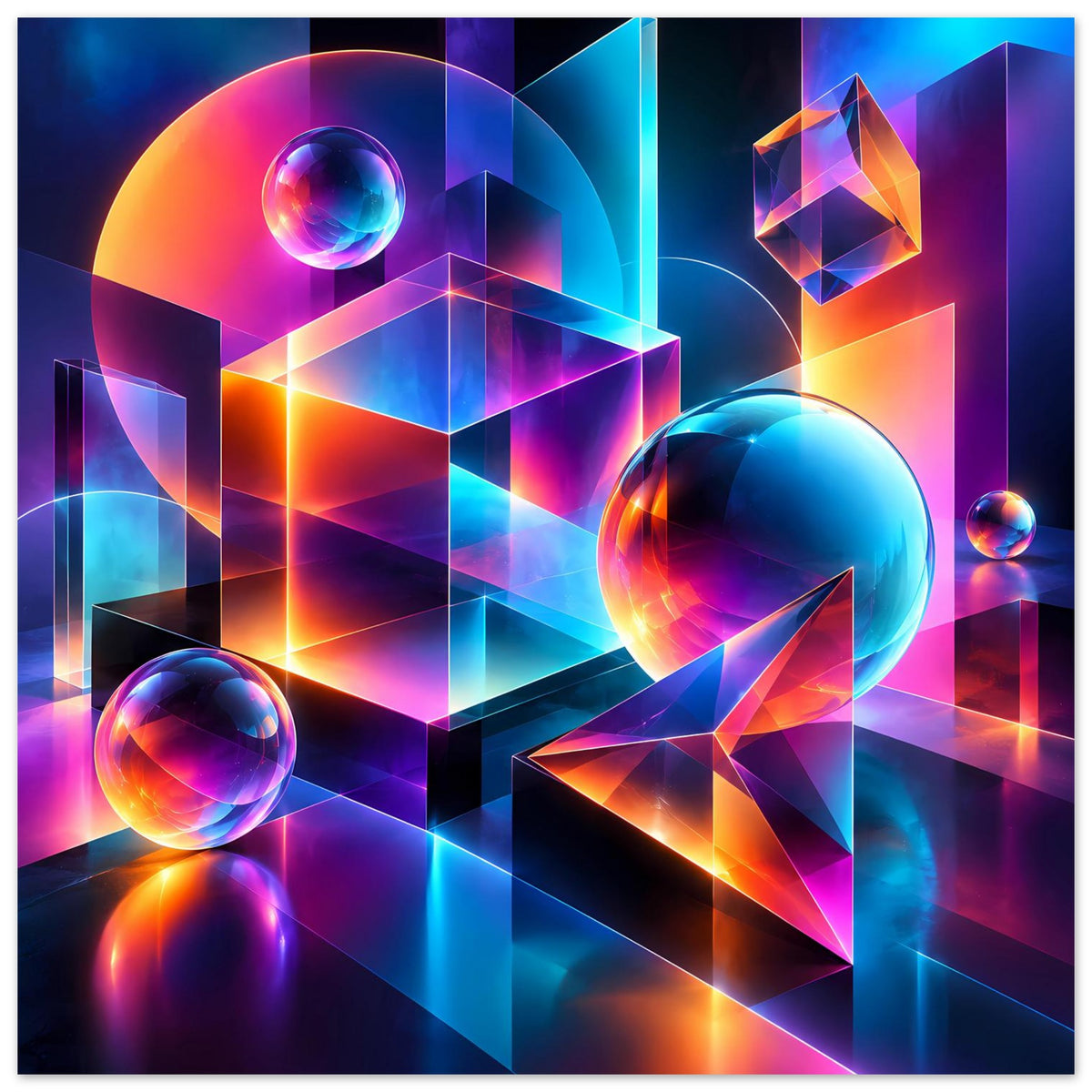 Neon-Geometrie-Poster mit großen Kugeln, intensiven Farbverläufen und geometrischen Ebenen