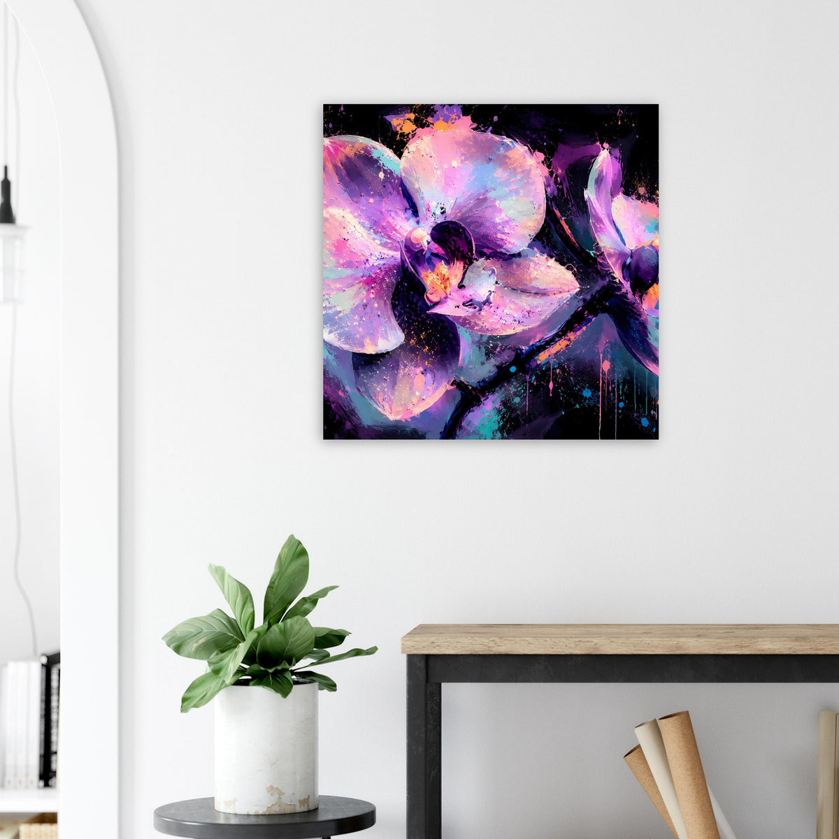 Quadratisches gerahmtes Neon-Orchideenposter in Violett und Pink.