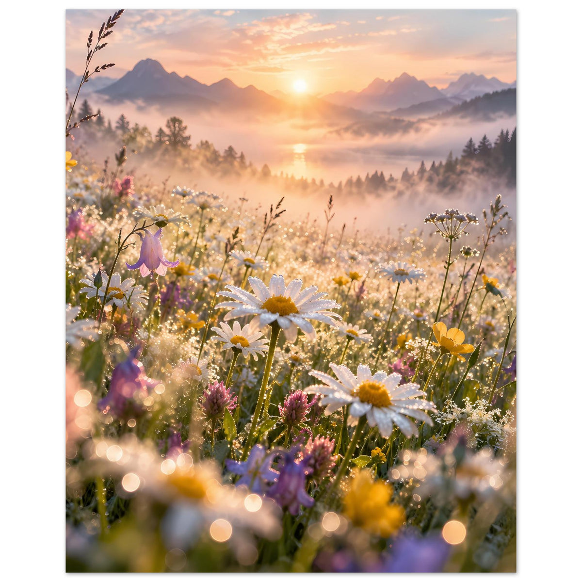 Hochformatiges Poster mit Wildblumen, Gänseblümchen und Morgennebel bei goldener Sonne.