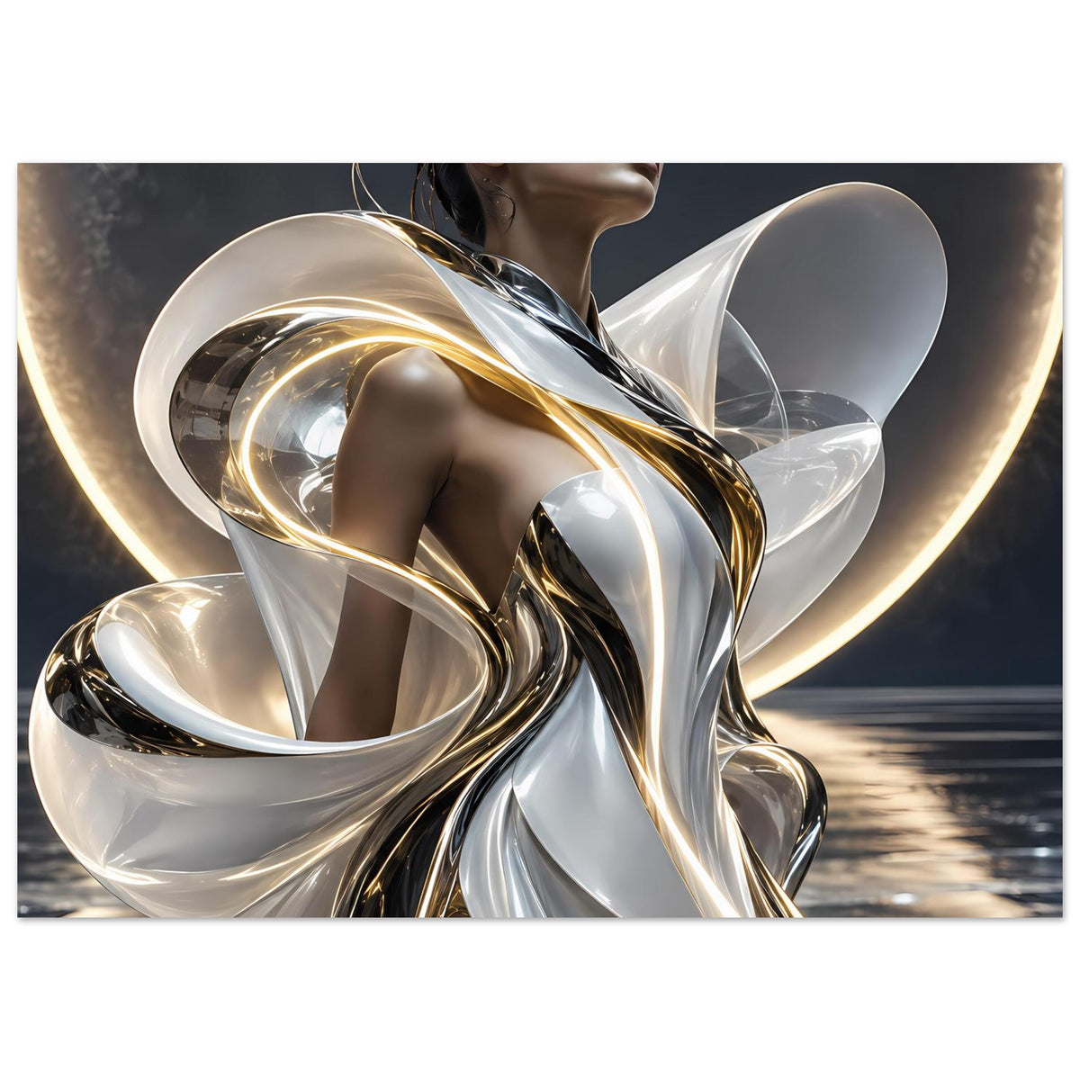 Abstraktes Poster: glänzende silberne und goldene Metallspiralen, transparente Drapierung vor Figur