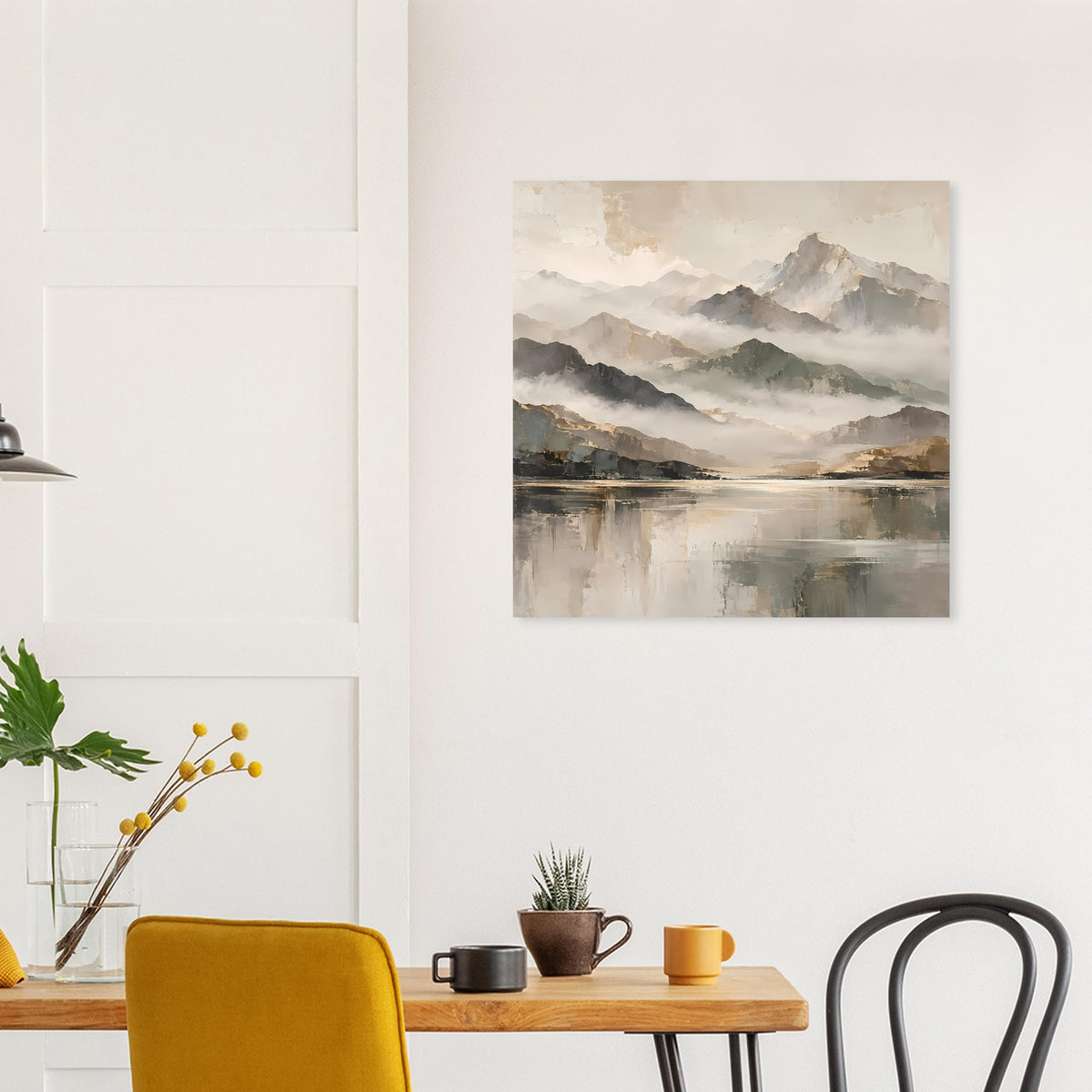 Naturposter mit Bergmassiv, Nebel und Wasserfläche in Beige- und Goldtönen