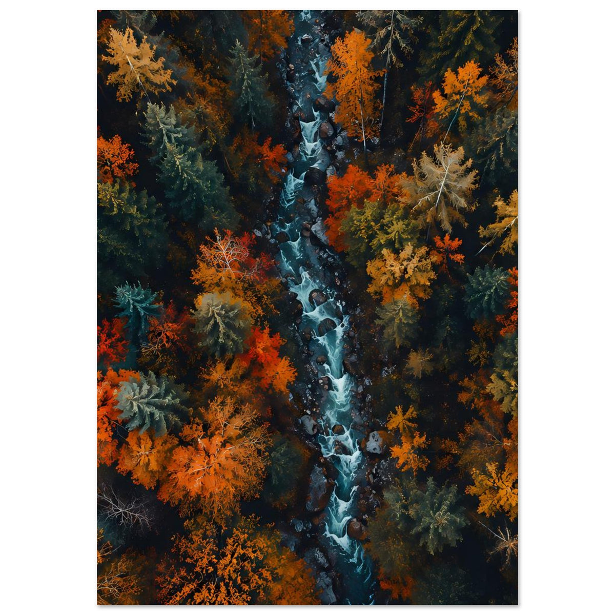 Herbstwald-Fluss Poster, vertikal: blauer Fluss mit Steinen, umrahmt von Herbstlaub in Orange