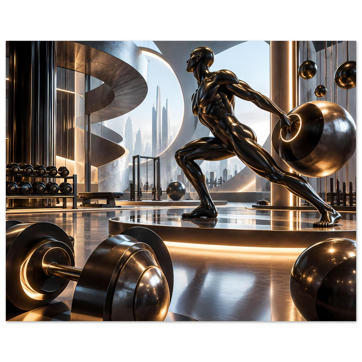 Horizontales Fitnessposter mit bronzener Läuferfigur und schweren Gewichten vor futuristischer Wand