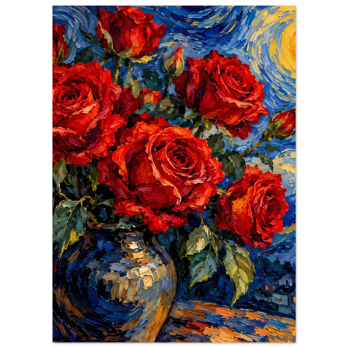 Poster im Hochformat: rote Rosen, Vase mit blauen Pinselstrichen im Hintergrund