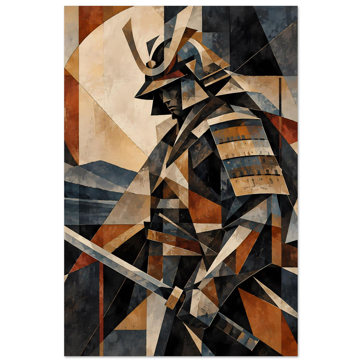 Vertikales Poster mit geometrischem Samurai-Krieger in Erdtönen und Blau, Helm und Schwert frontal