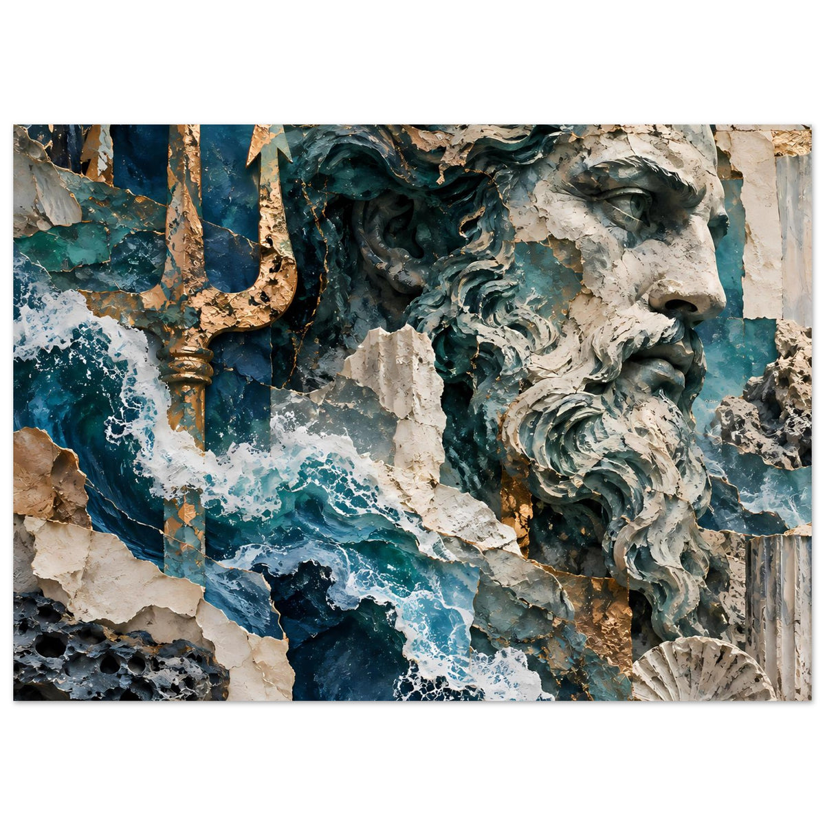 Neptun-Poster im Querformat mit antiker Skulptur, goldfarbenem Trident und See