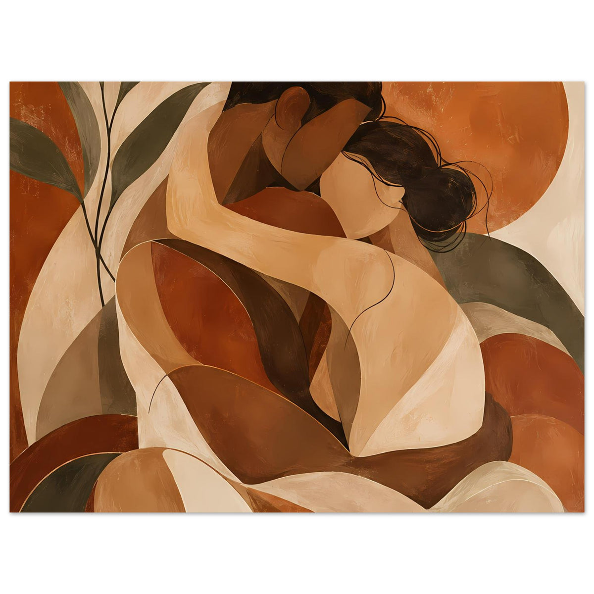 Poster mit abstrakter Umarmung, Terrakotta, Beige und Olivgrün, Querformat