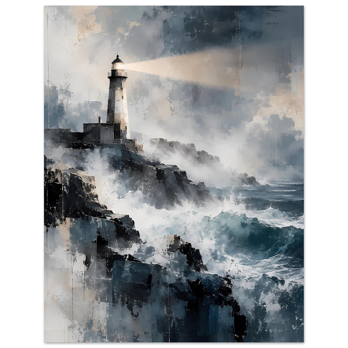 Maritimes Poster im Hochformat: Leuchtturm über der Küste, See und Nebel in Blau-Grau