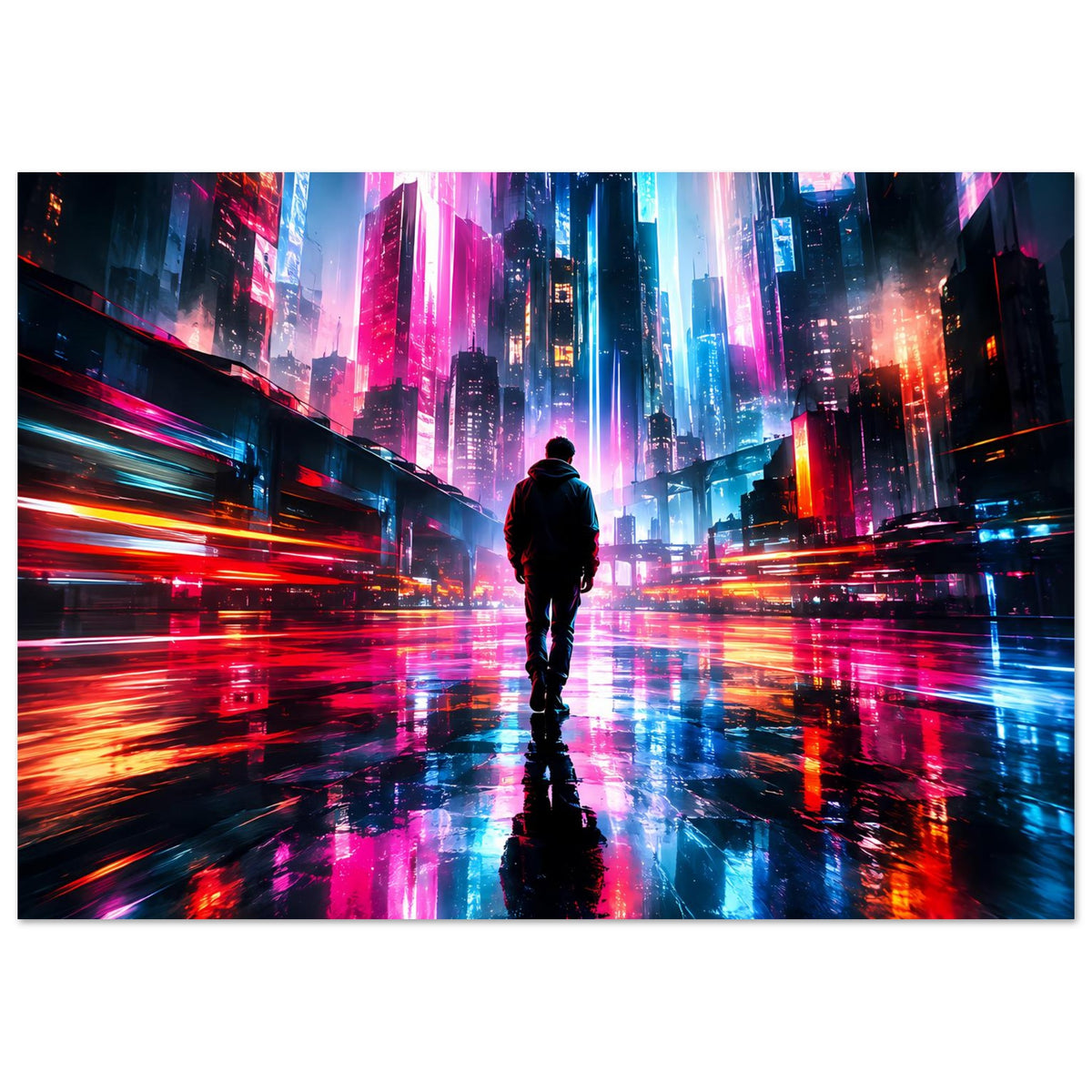 Cyberpunk-Poster Neonstadt: Person im Rücken, leuchtende Skyline und farbige Reflexionen
