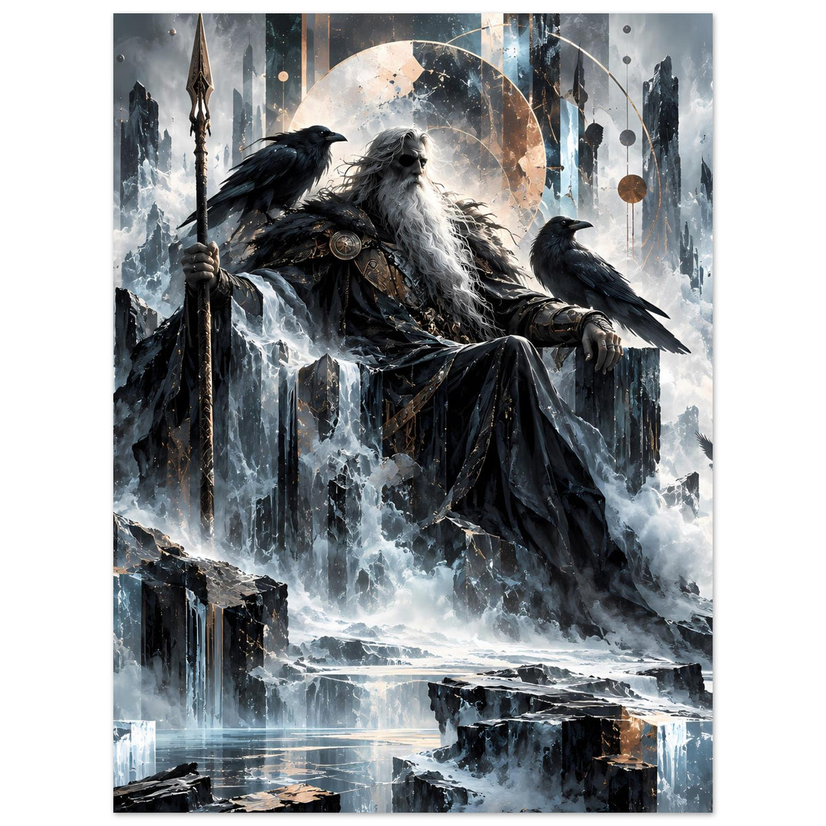 Mythologie-Poster: Odin im dunklen Mantel am Thron, Rabe sitzt auf dem Rand