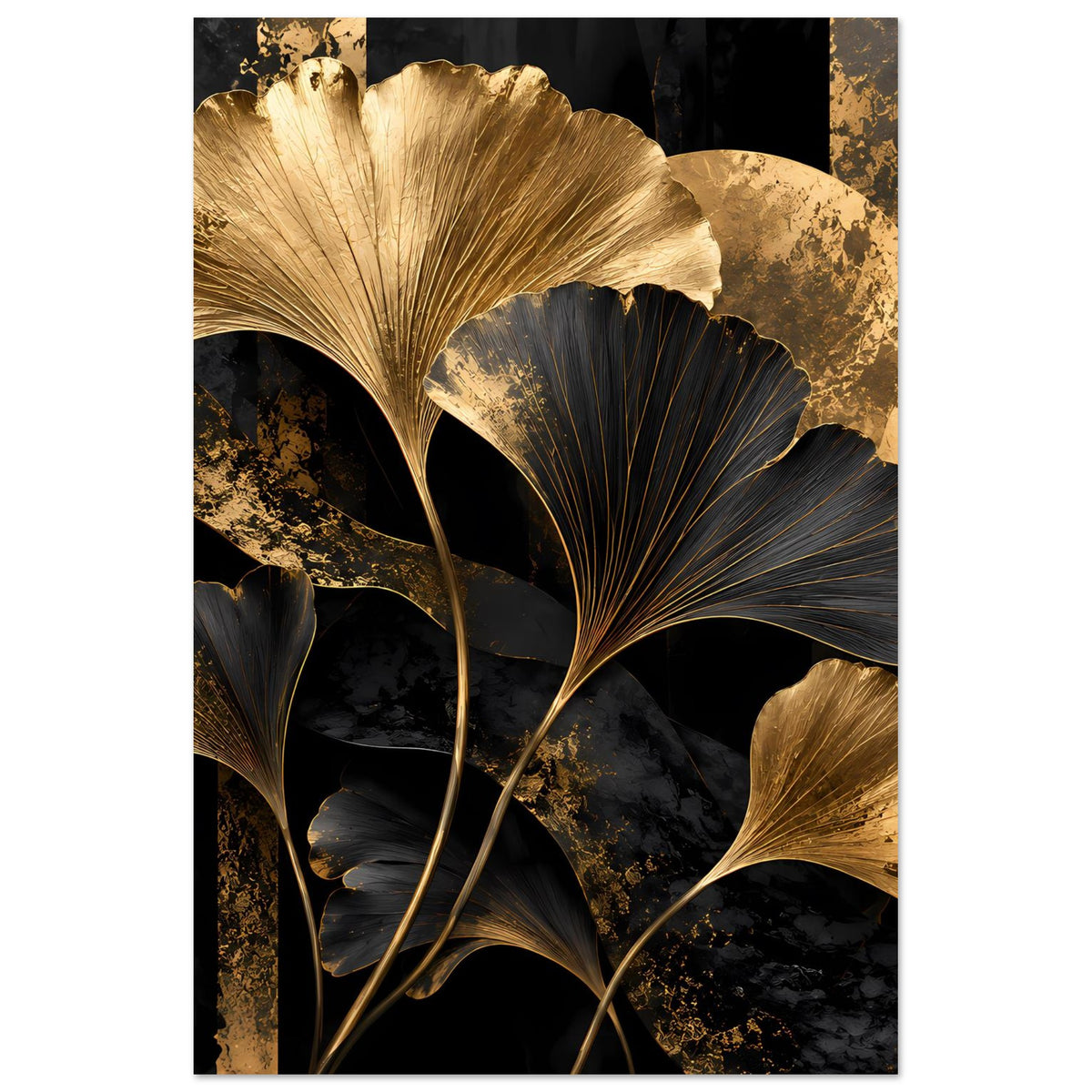 Botanisches Poster mit goldenen und schwarzen Ginkgo-Blättern, vertikal