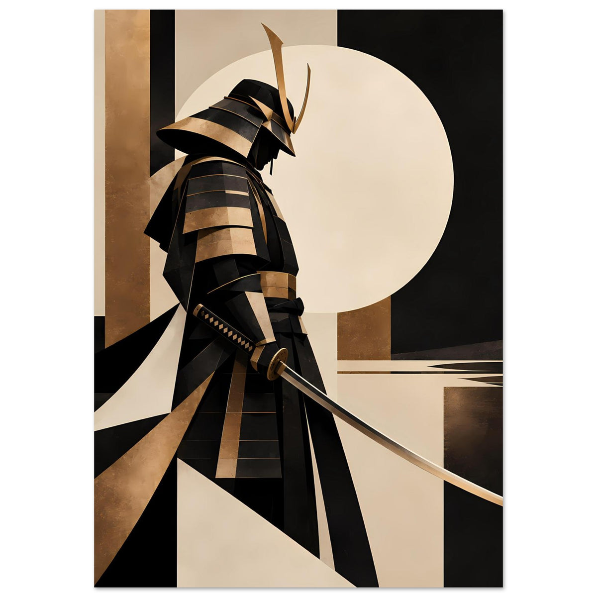 Hochkant-Kunstposter mit Samurai-Silhouette, geometrische Flächen in Schwarz und Gold