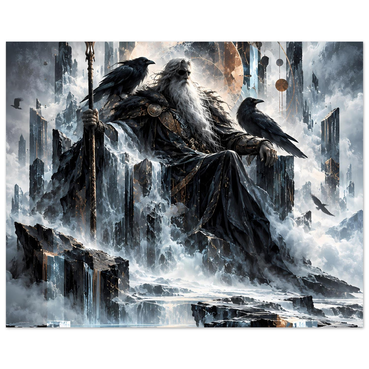 Mythologie-Poster (Querformat): Odin sitzt erhöht auf dem Thron, Raben im Bild