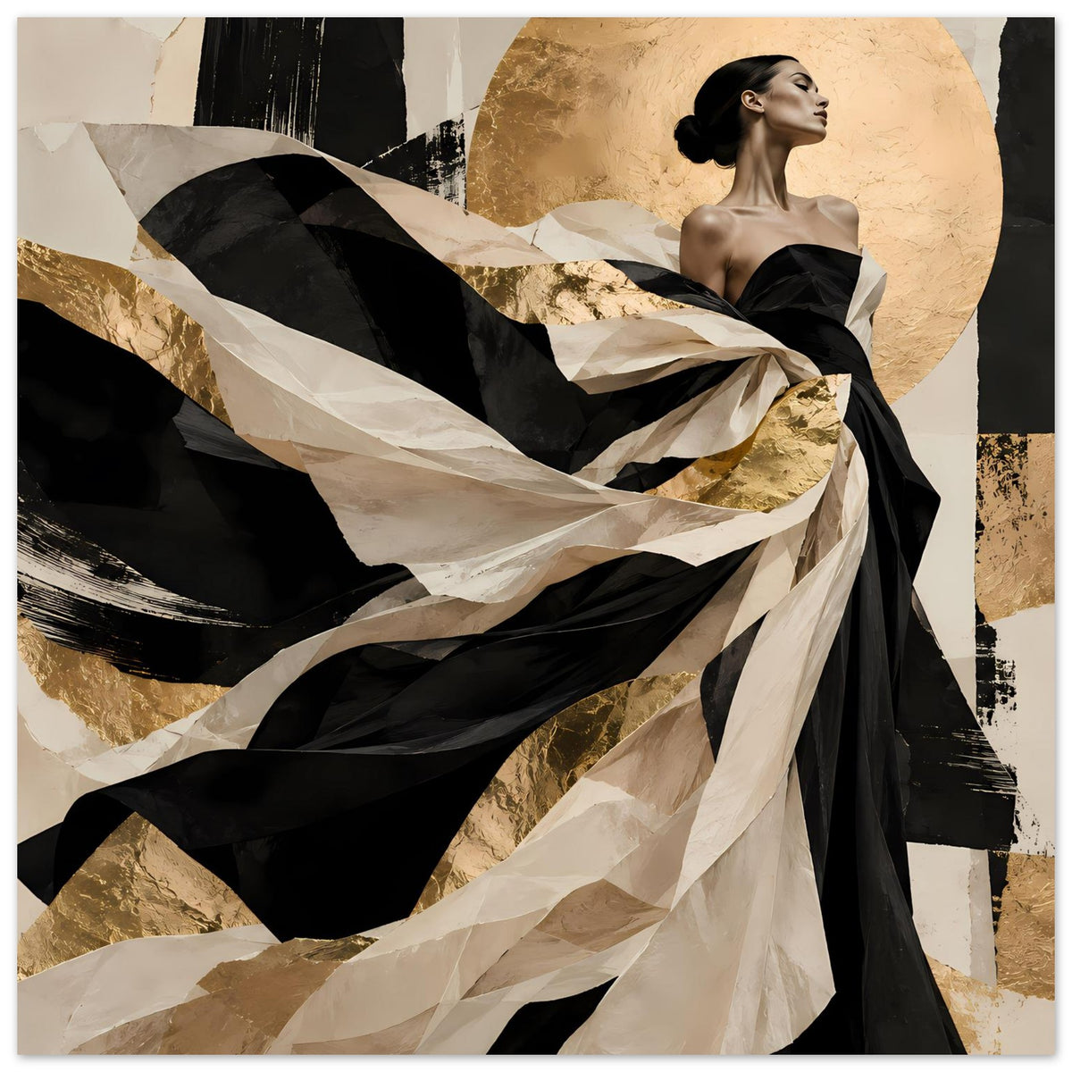 Kunstposter im Hochformat: Frauensilhouette im schwarzen Kleid, Gold- und Beige-Krümeltexturen