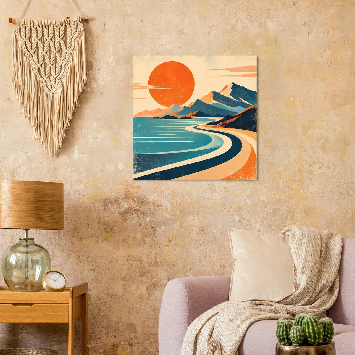 Vintage-Poster: orange Sonne über blauen Bergen, türkisfarbener Fluss mit Weg