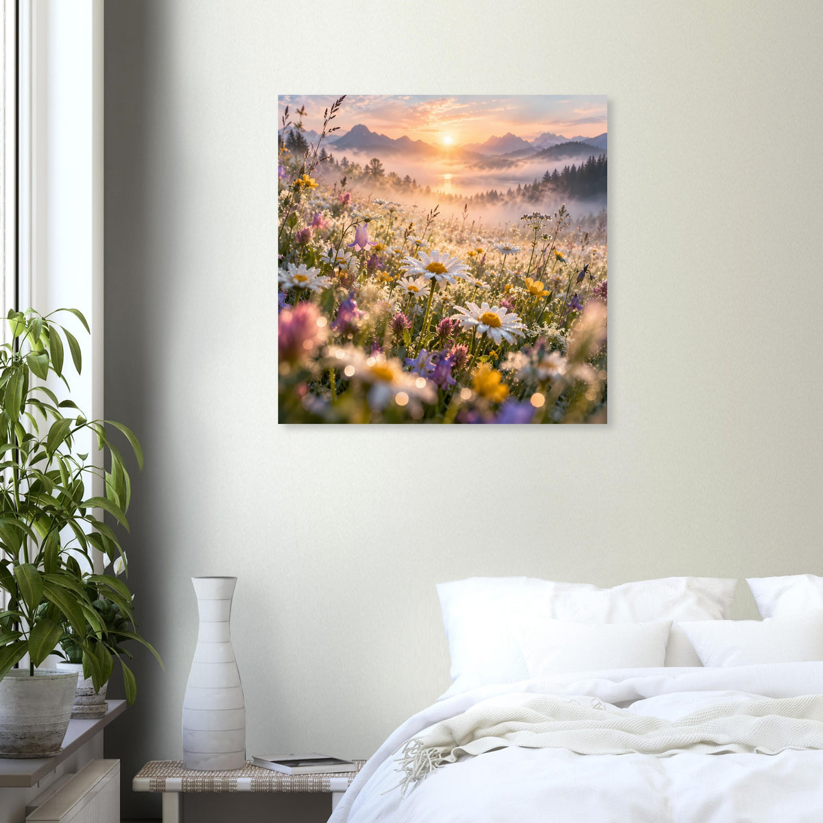 Quadratisches Blumenposter mit Sonnenaufgang und blühenden Wiesenblumen