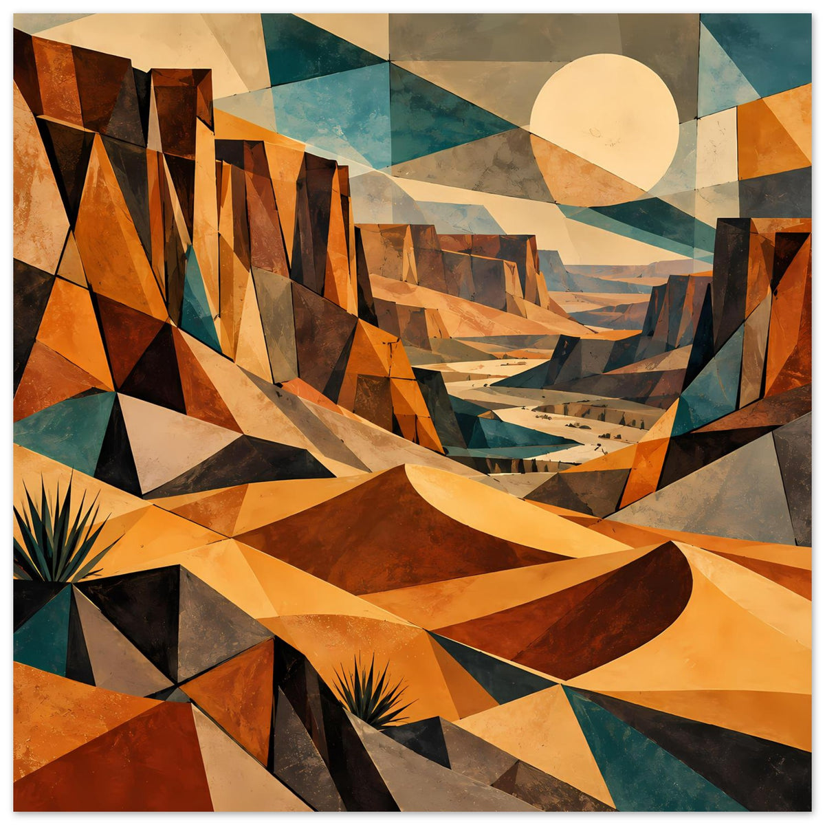 Wüstenlandschaft-Poster im Querformat: geometrische Dünenlandschaft in warmem Orange, Braun und Türkis, gerahmt.