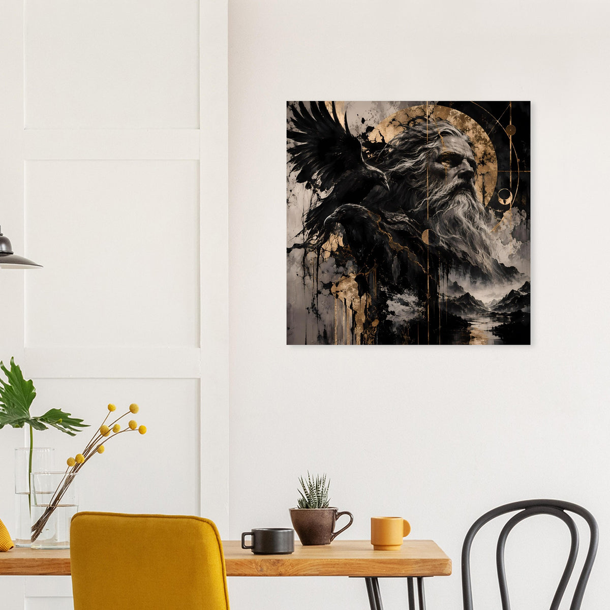 Quadratisches Poster mit Raben und nordischem Gott, dunkles Motiv mit Rauch- und Schattenlinien
