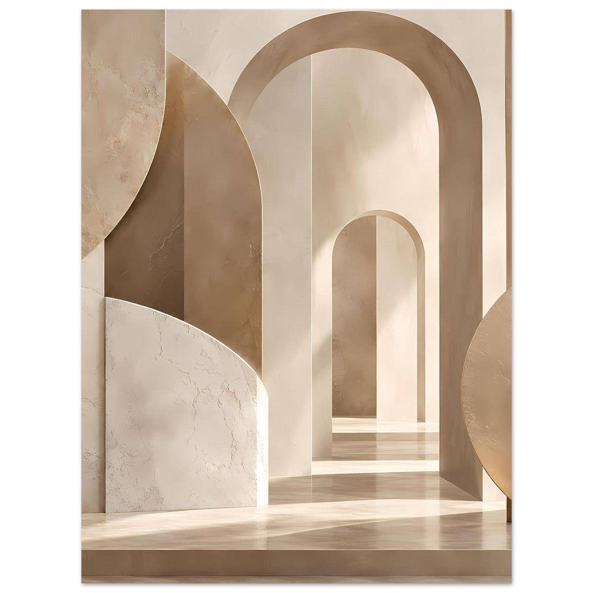 Beiges Kunstposter mit Rundbogen-Architektur und Marmorlook, schlichte Portalperspektive
